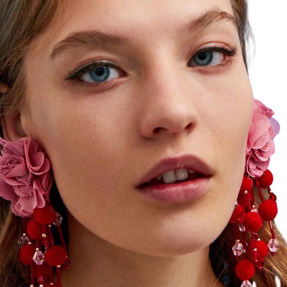 Boho Pink Rose Long Dangling Pom Pom Tassel Earrings - Picture 3 of 16